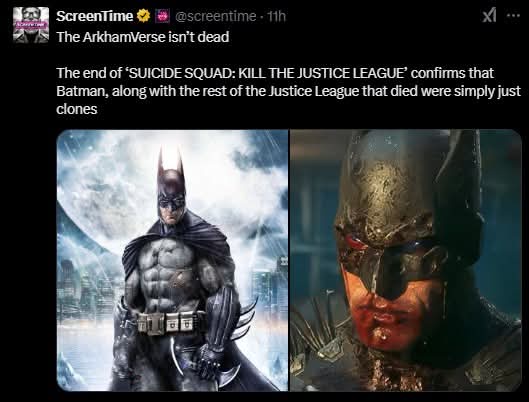 The image is a split-screen showing two versions of Batman: on the left, a clean, heroic Batman standing in front of a…