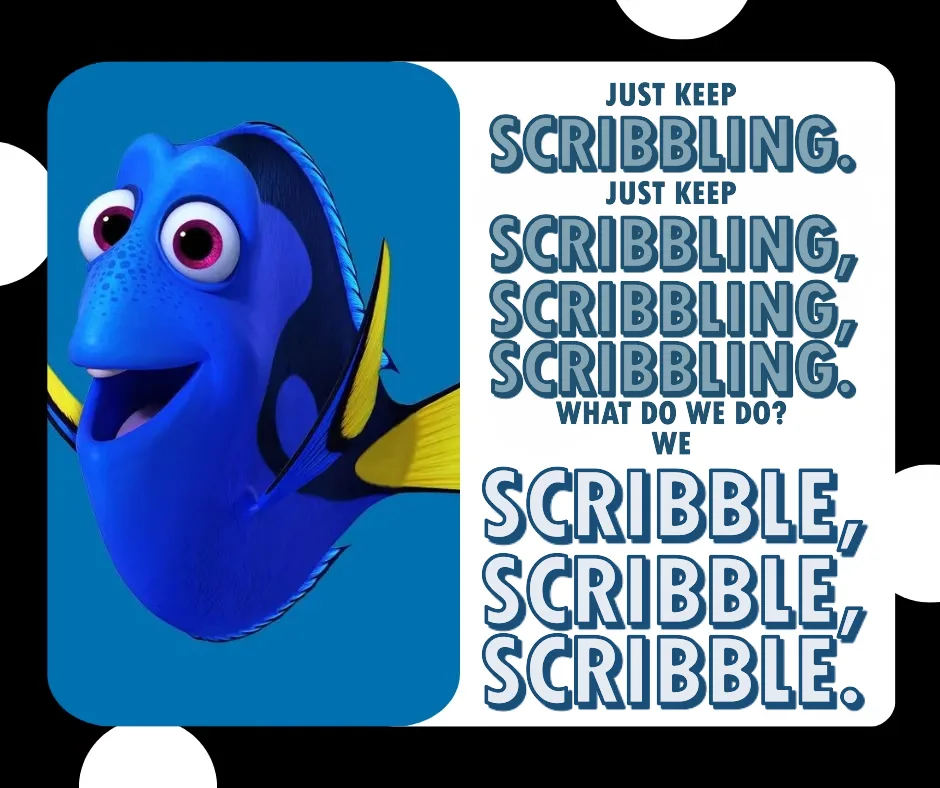 A blue animated fish with large eyes and yellow fins, resembling Dory from Finding Dory, is shown smiling on the left. The…