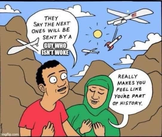 Two cartoon characters, a man in a red shirt and a woman in a green hijab, stand in a desert landscape with mountains and a…