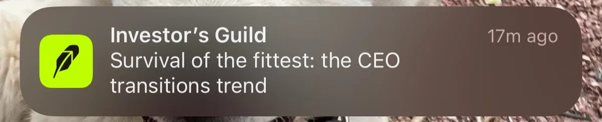 A screenshot of a social media notification from 'Investor's Guild' posted 17 minutes ago, displaying the text 'Survival of…