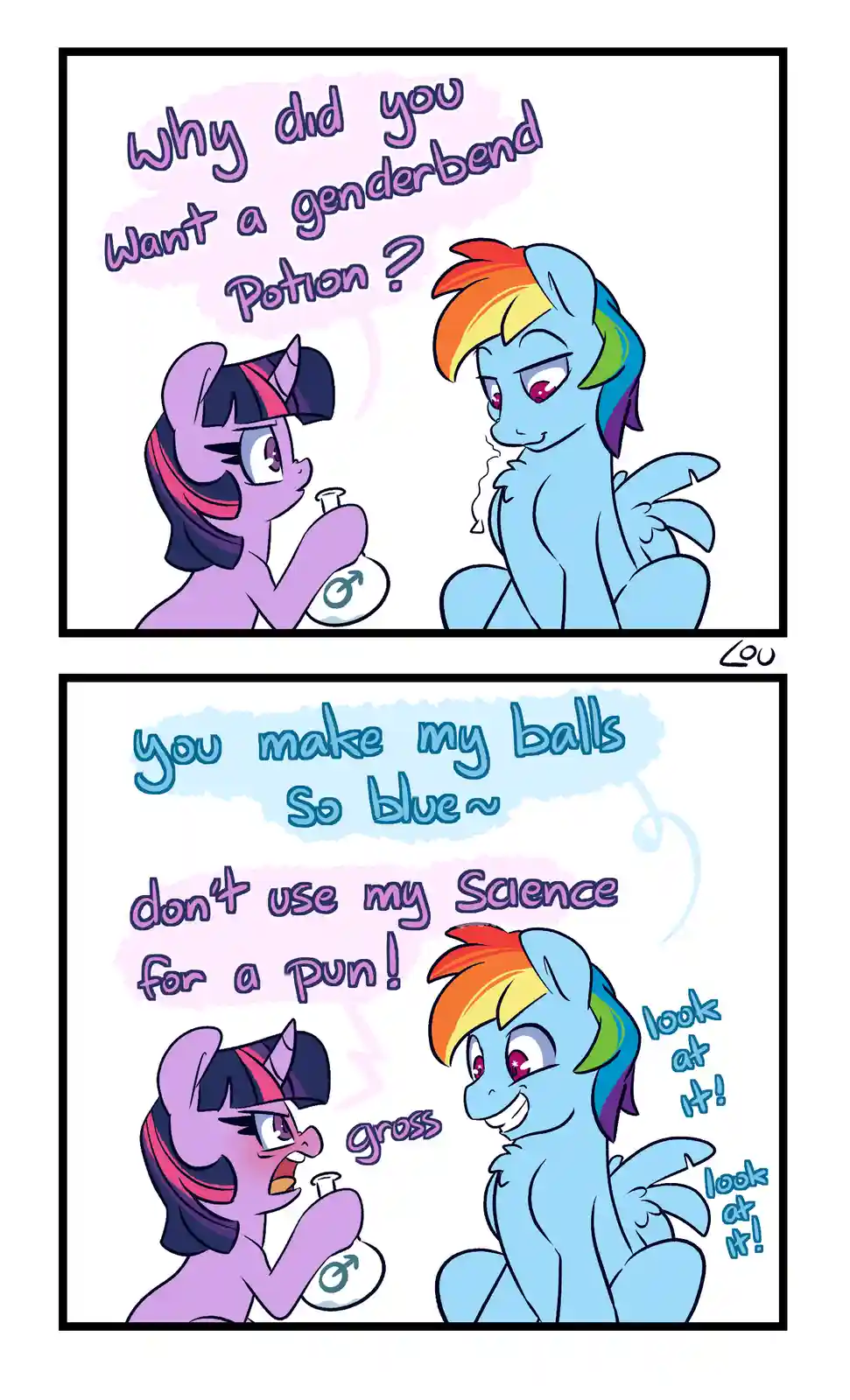 In a two-panel comic, Twilight Sparkle asks Rainbow Dash why she wants a genderbend potion. In the second panel, Rainbow…