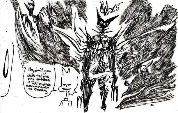 A black-and-white sketch shows a small, angry cartoon character yelling at a towering, monstrous eldritch entity with wings…