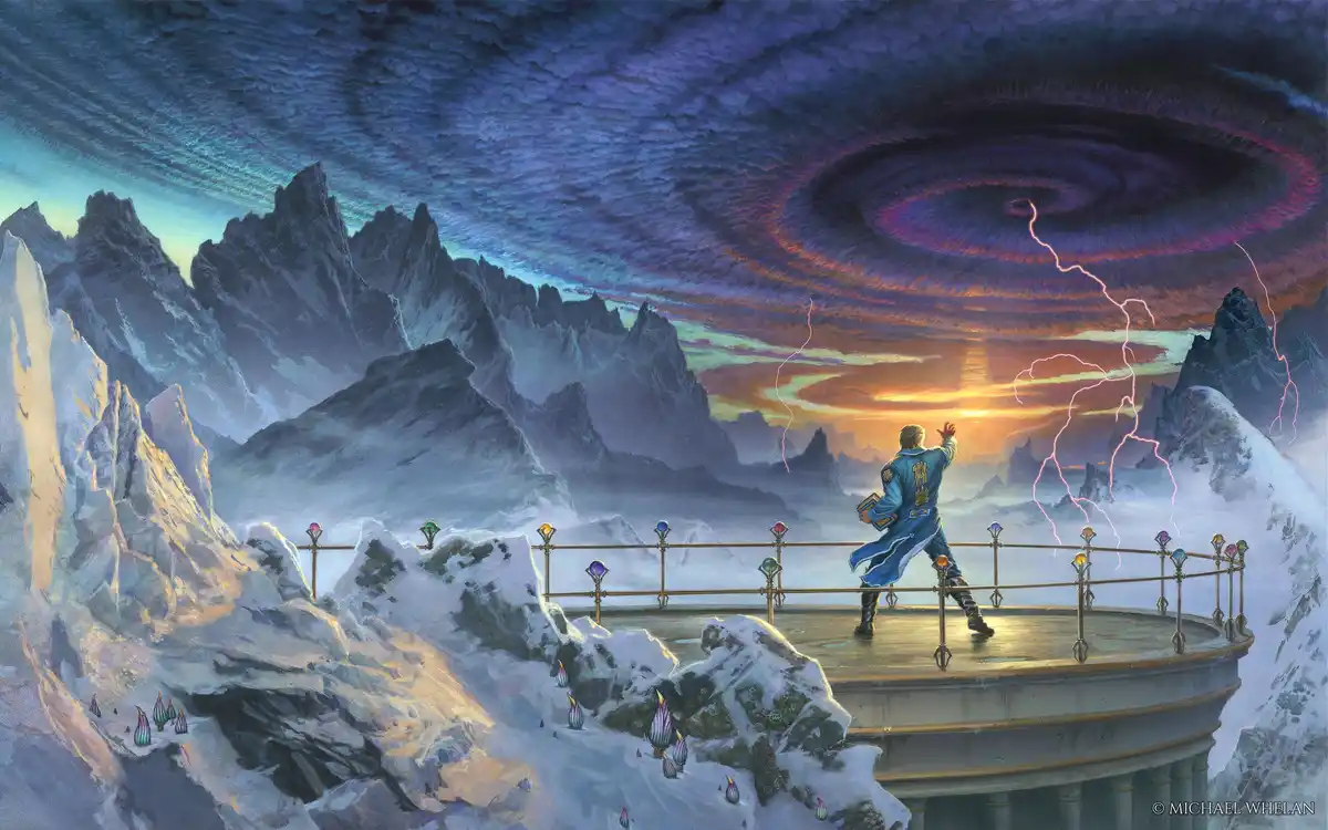 A person in a blue coat stands on a snowy, circular platform overlooking a dramatic mountain landscape with lightning and a…