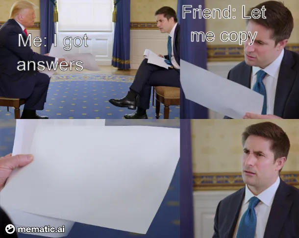 A four-panel meme showing a man in a suit holding up a blank sheet of paper, with text overlaying each panel. The top-left…