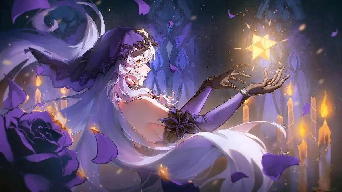 An anime-style illustration shows a woman with long white hair and a purple hooded outfit, reaching out with both hands…