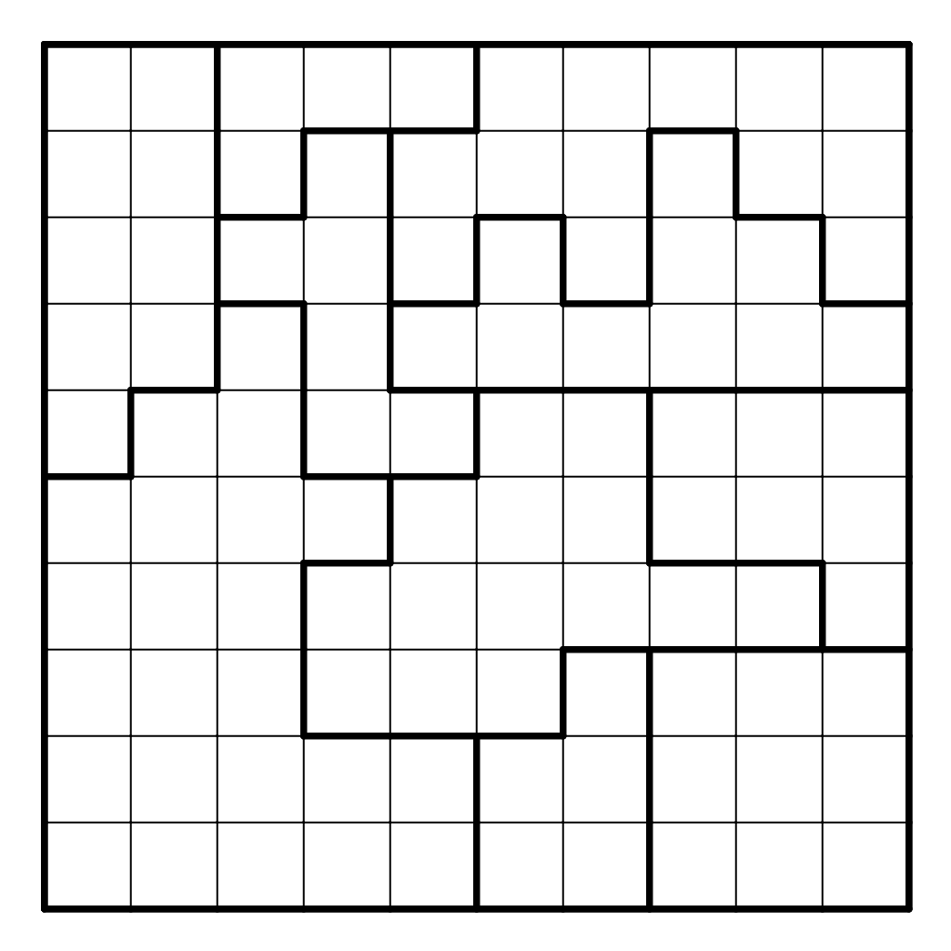 A black-and-white grid of squares with some squares outlined in thick black lines, forming an abstract, fragmented pattern…