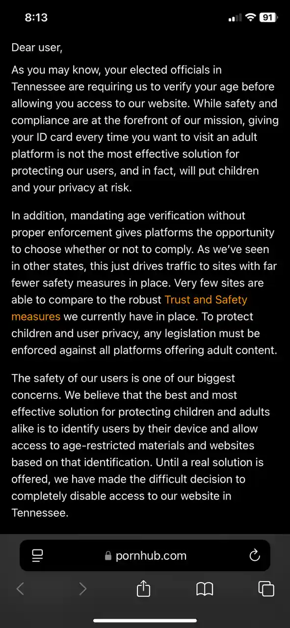 A screenshot of a mobile phone displaying a long, formal letter from Pornhub addressed to a Tennessee user, explaining that…
