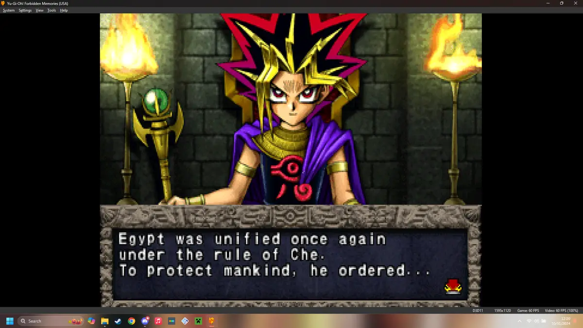 A screenshot from the Yu-Gi-Oh! Forbidden Memories game shows the character Yugi Muto seated in a throne room with torches…