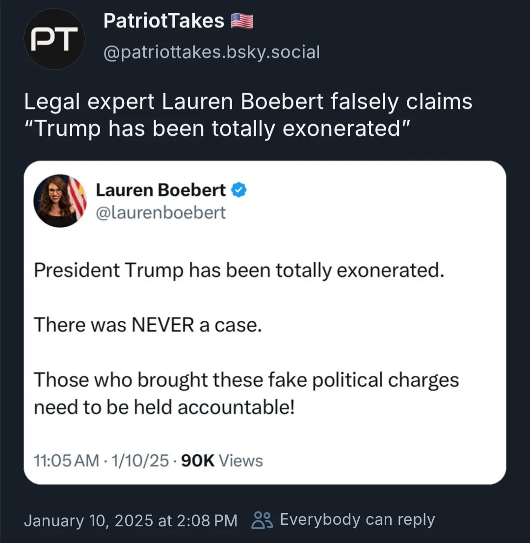 A screenshot of a social media post by 'PatriotTakes' showing a tweet from verified user Lauren Boebert. The tweet claims…