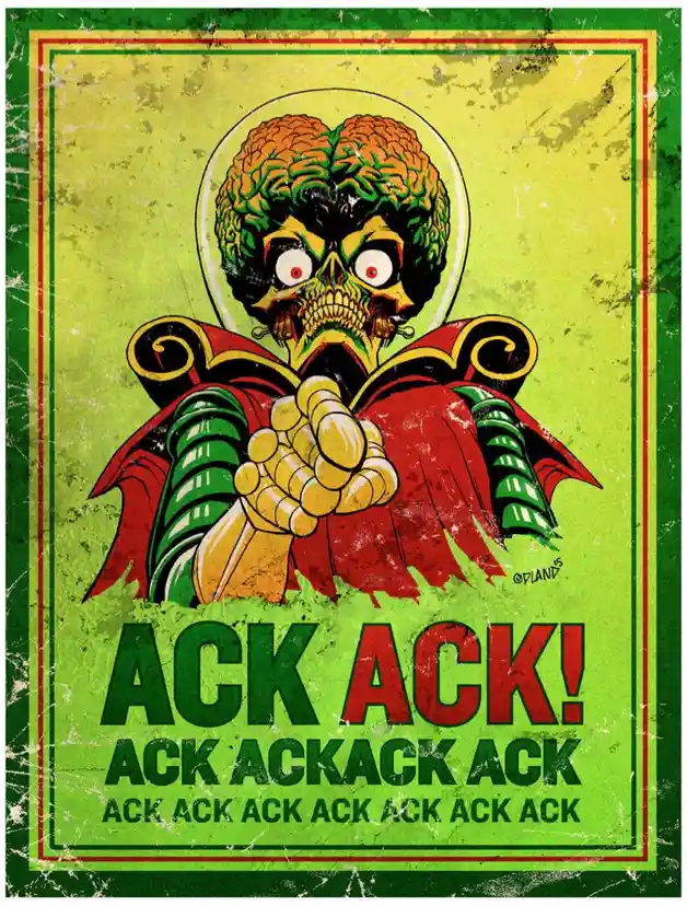 A vintage-style poster features a cartoonish green-skinned alien with a brain for a head, wearing a red cape and green…