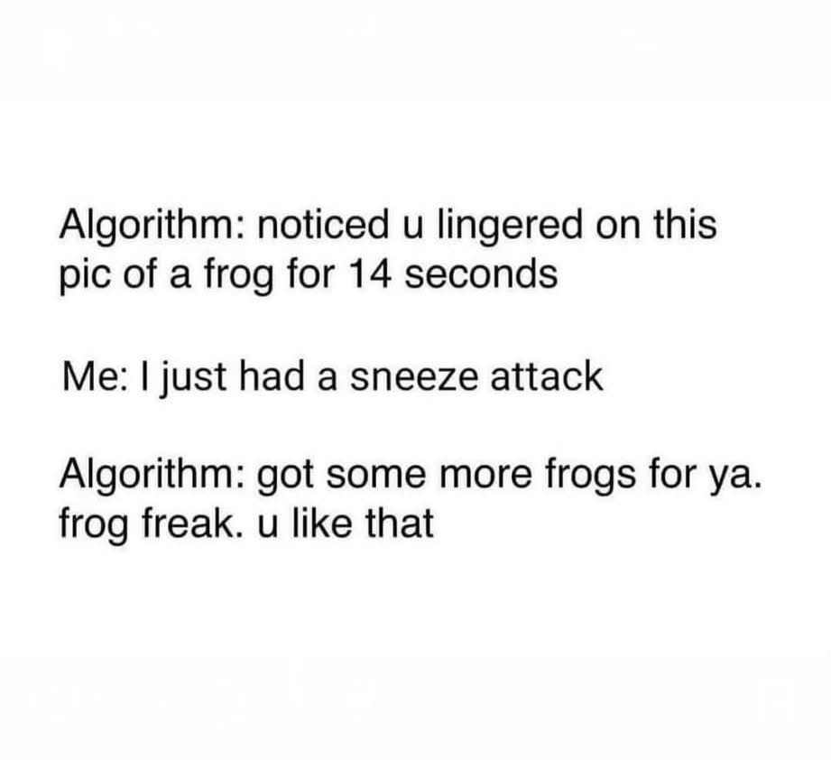 A white background with black text in a simple sans-serif font. The text is divided into three parts: an algorithm notices…
