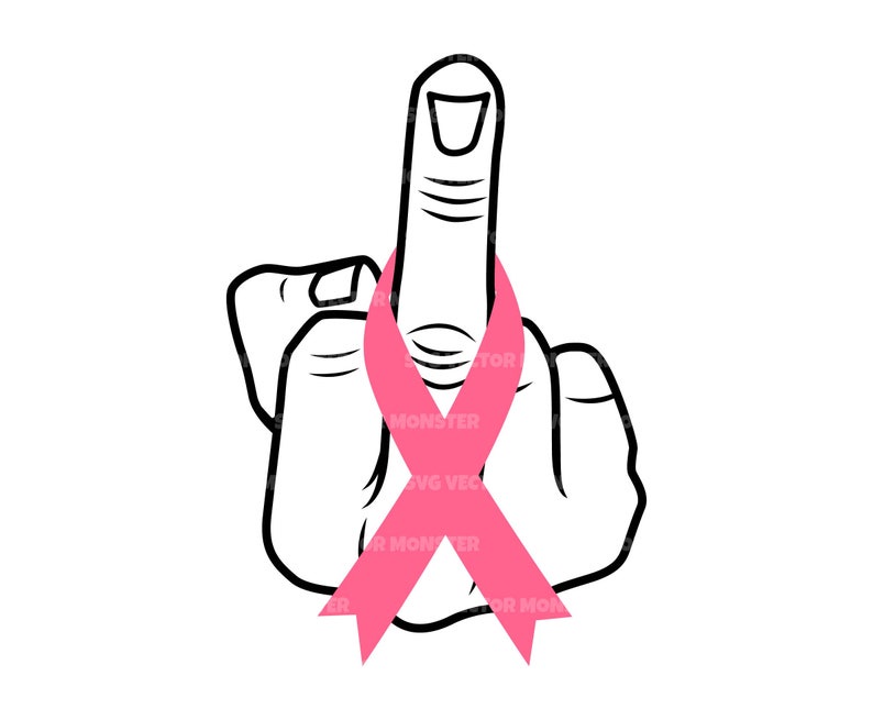 A black-and-white line drawing of a hand making the middle finger gesture, with a pink breast cancer awareness ribbon…