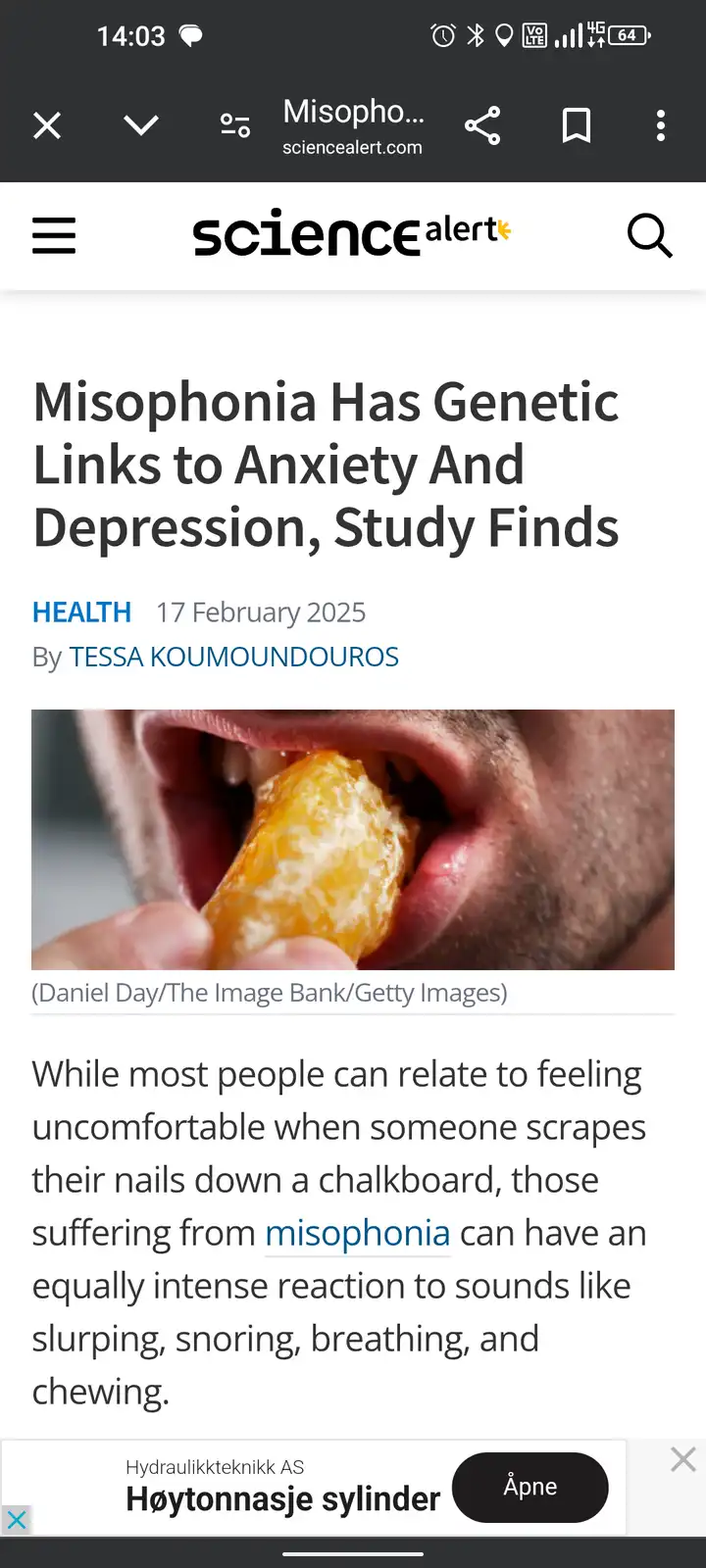 A screenshot of a ScienceAlert article titled 'Misophonia Has Genetic Links to Anxiety And Depression, Study Finds' shows a…