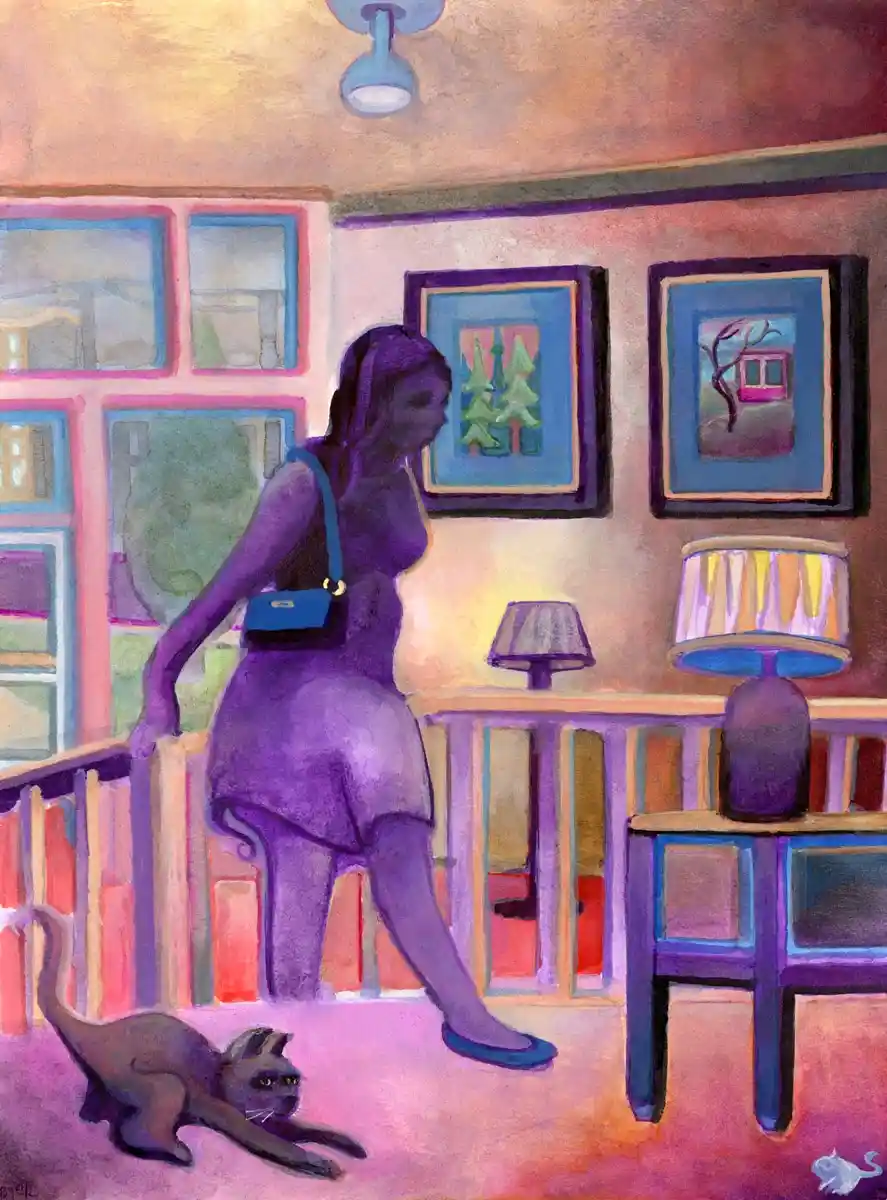 A stylized painting shows a woman in purple tones walking away from a cat lying on the floor, with furniture and framed art…