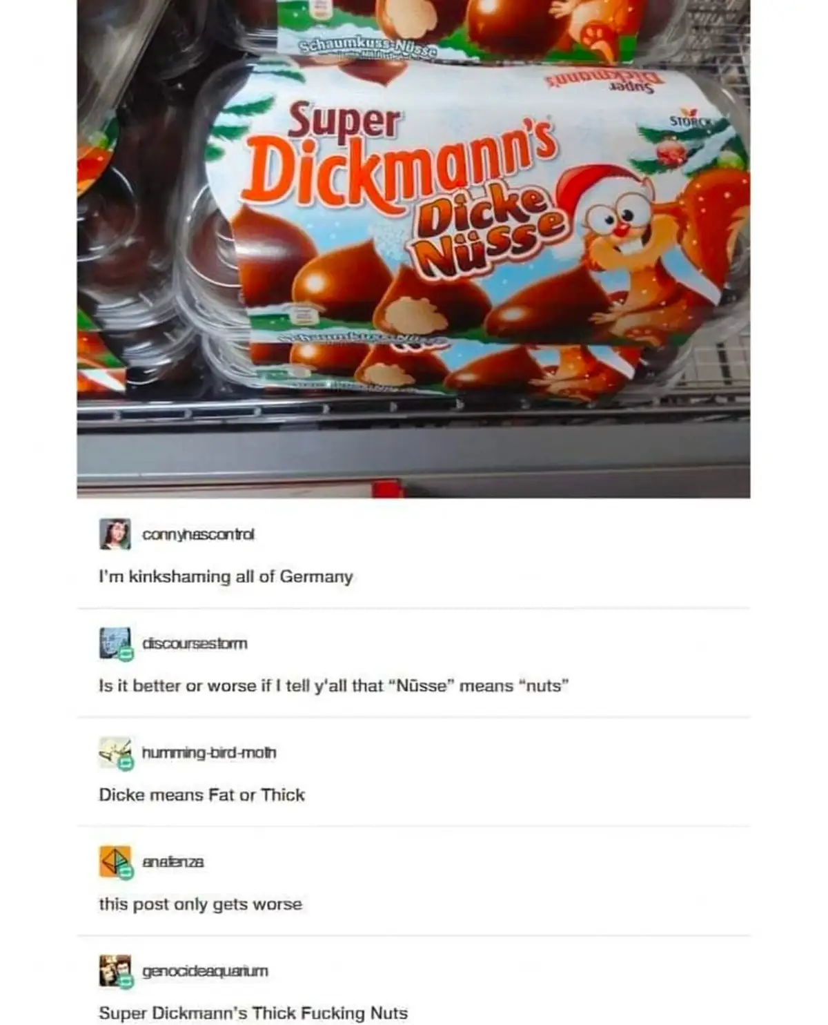 A close-up photo of a German candy package labeled 'Super Dickmann's Dicke Nüsse' on a store shelf, featuring a cartoon…