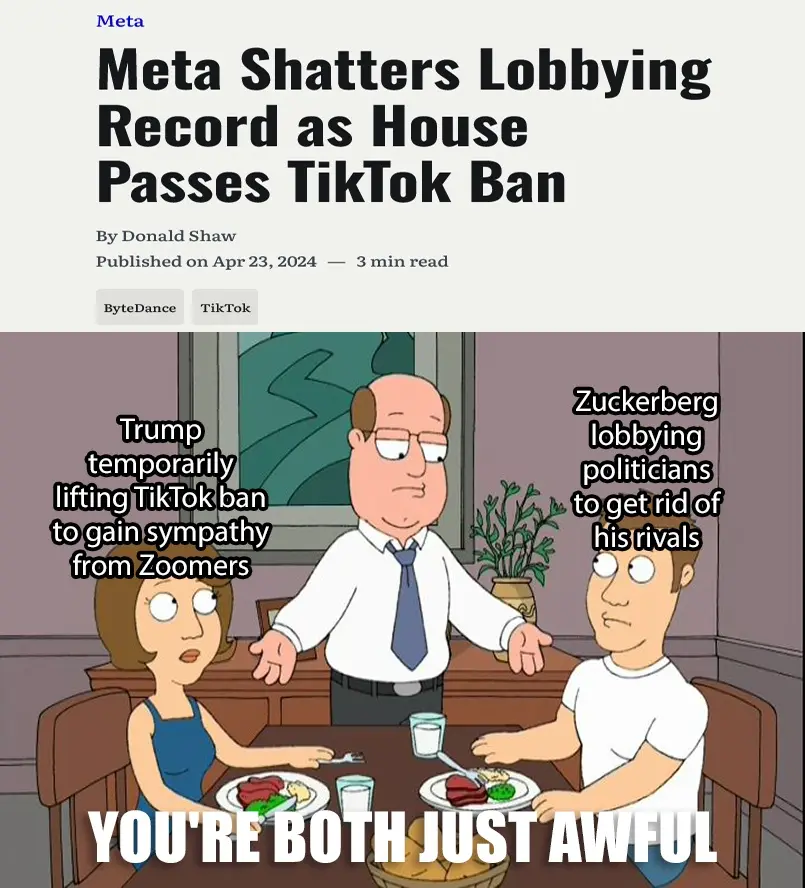 A Family Guy scene shows Peter Griffin at a dinner table with two other characters. Text labels identify one as 'Trump…
