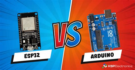 The image displays two microcontroller boards, an ESP32 on the left against a blue background and an Arduino Uno on the…