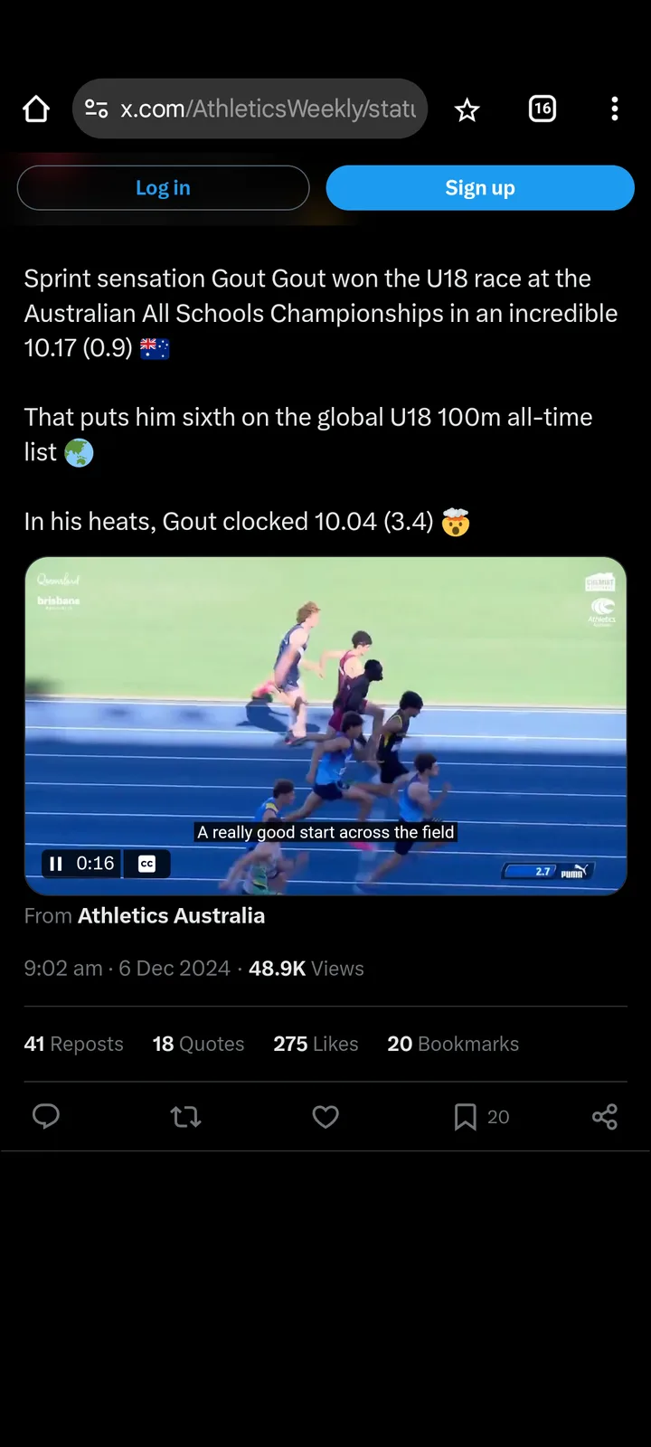 A screenshot of an x.com post showing a video of young male sprinters racing on a blue track. The overlaid text in the video…