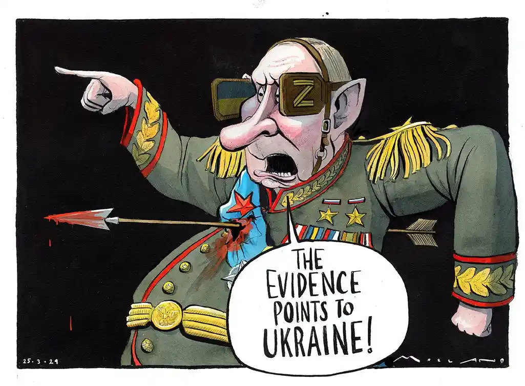 A cartoon caricature of Vladimir Putin in a military uniform with a large nose, wearing goggles with a 'Z' symbol and a…