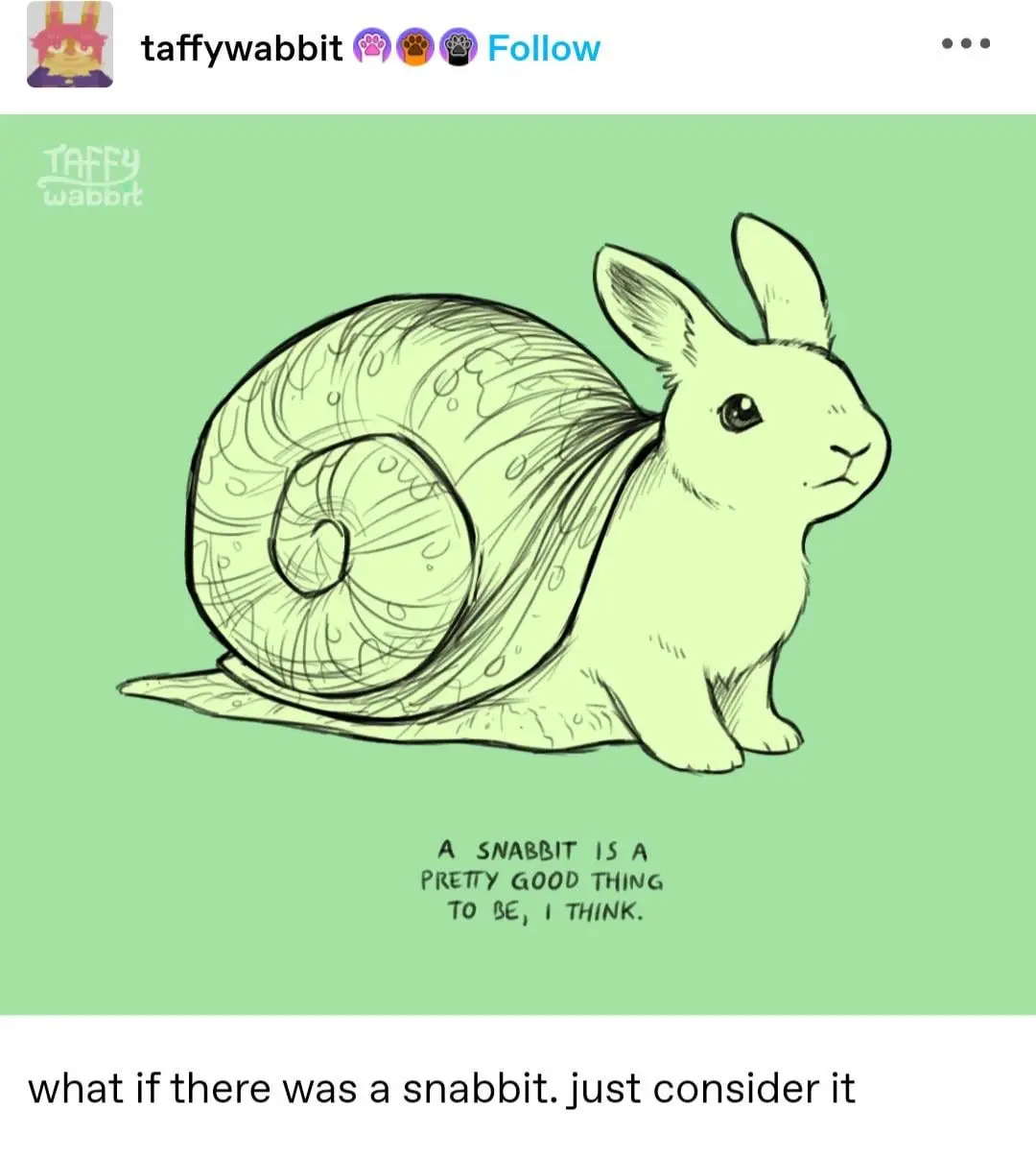 A hand-drawn illustration of a rabbit with a snail shell on its back, set against a solid light green background. The image…