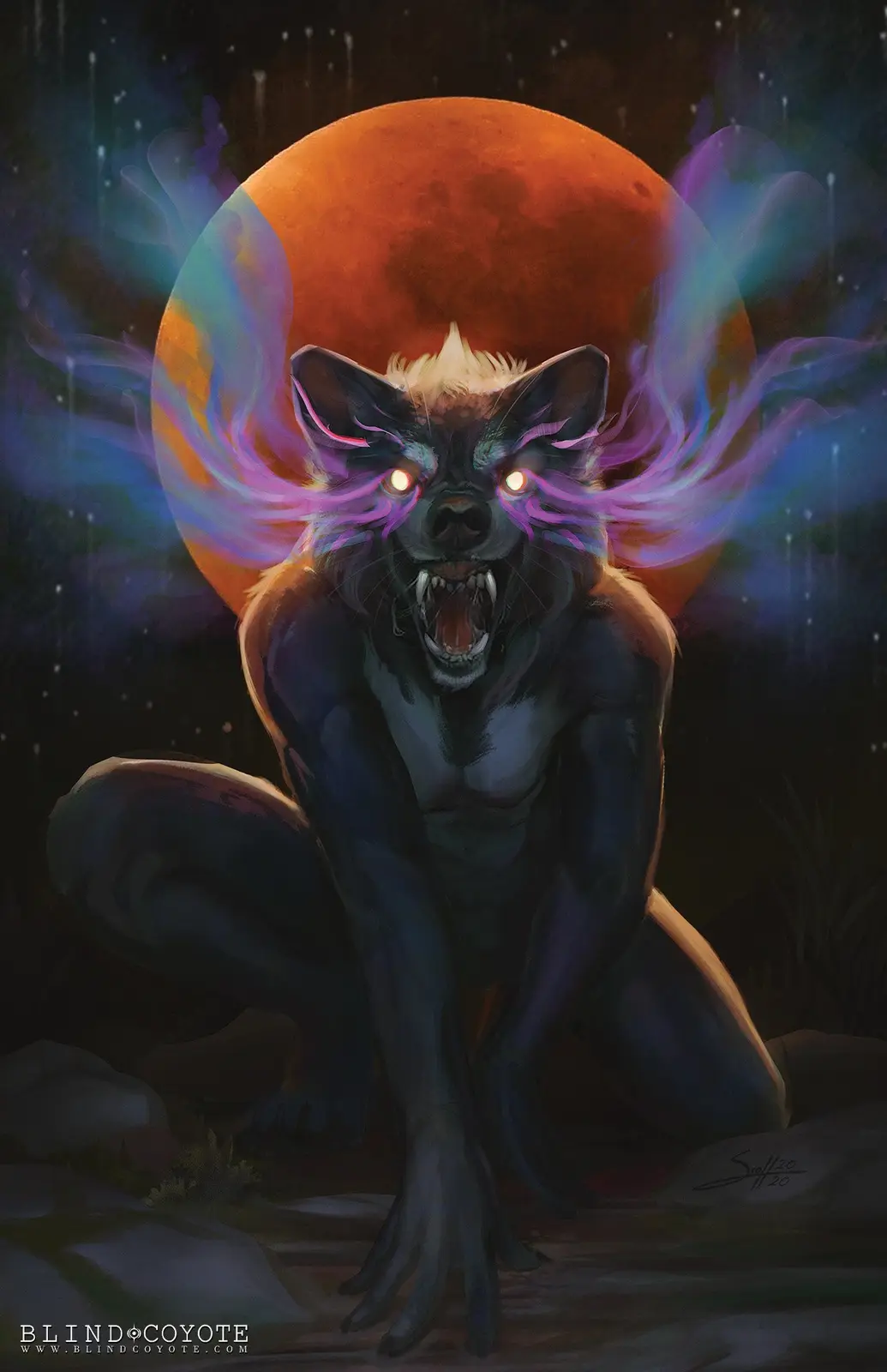 A digitally rendered, muscular anthropomorphic coyote with glowing orange eyes and purple energy swirling around its head…