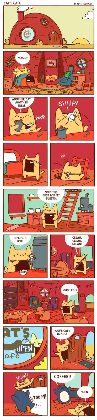A comic strip titled 'Cat's Cafe' by Matt Tarpley shows a cat owner waking up, brewing coffee, cleaning, and preparing for…