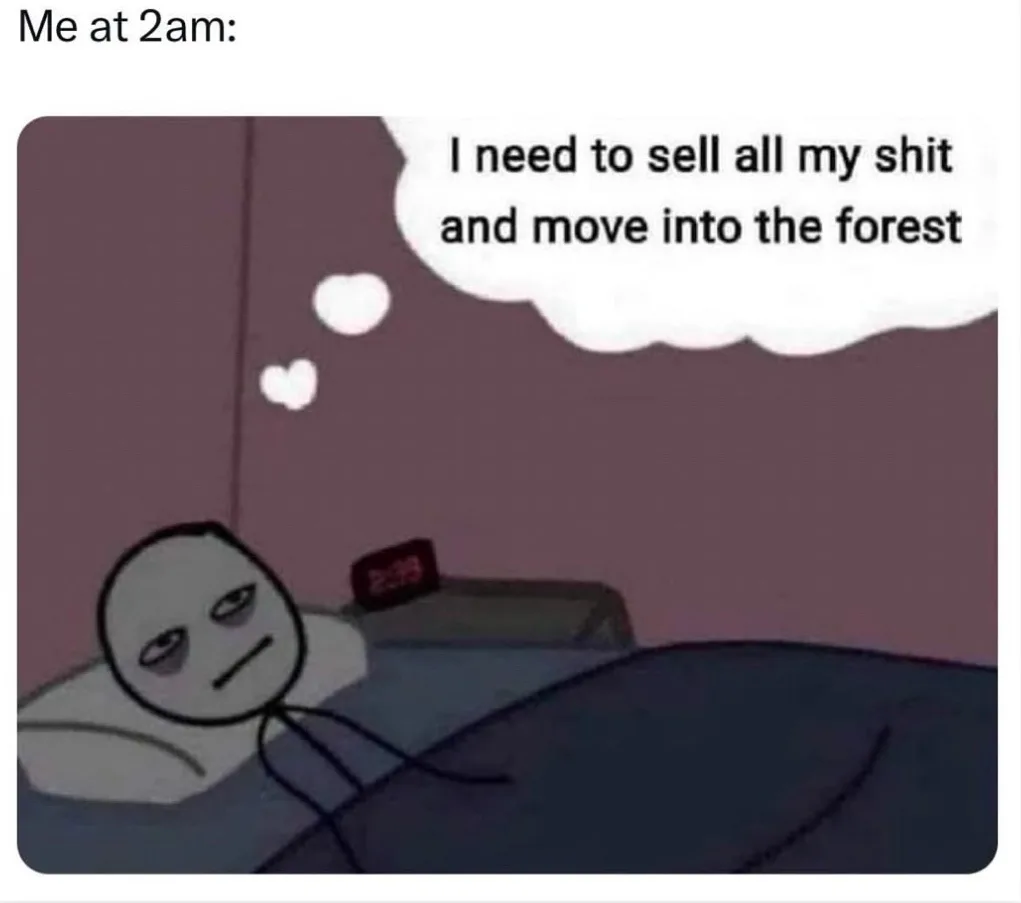 A cartoon person lies in bed under a blanket, looking tired and bored, with a digital alarm clock showing 2:09. A thought…