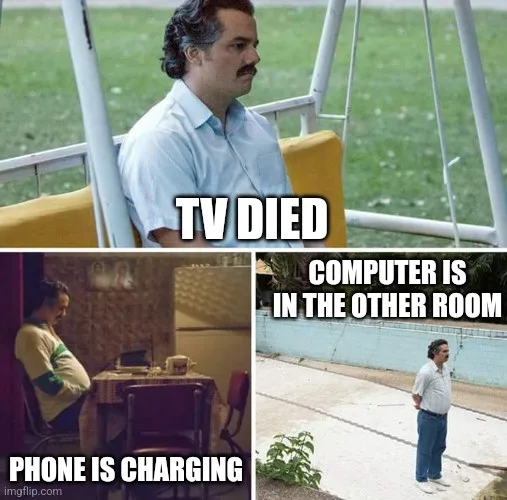 A three-panel meme featuring a man in different scenarios: first, sitting on a swing looking annoyed with 'TV DIED' text…
