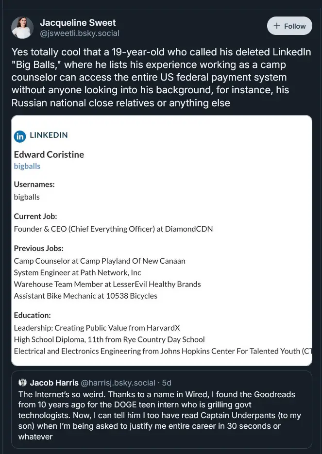 A screenshot of a social media post showing a LinkedIn profile for 'Edward Coristine' with the username 'bigballs'. The…