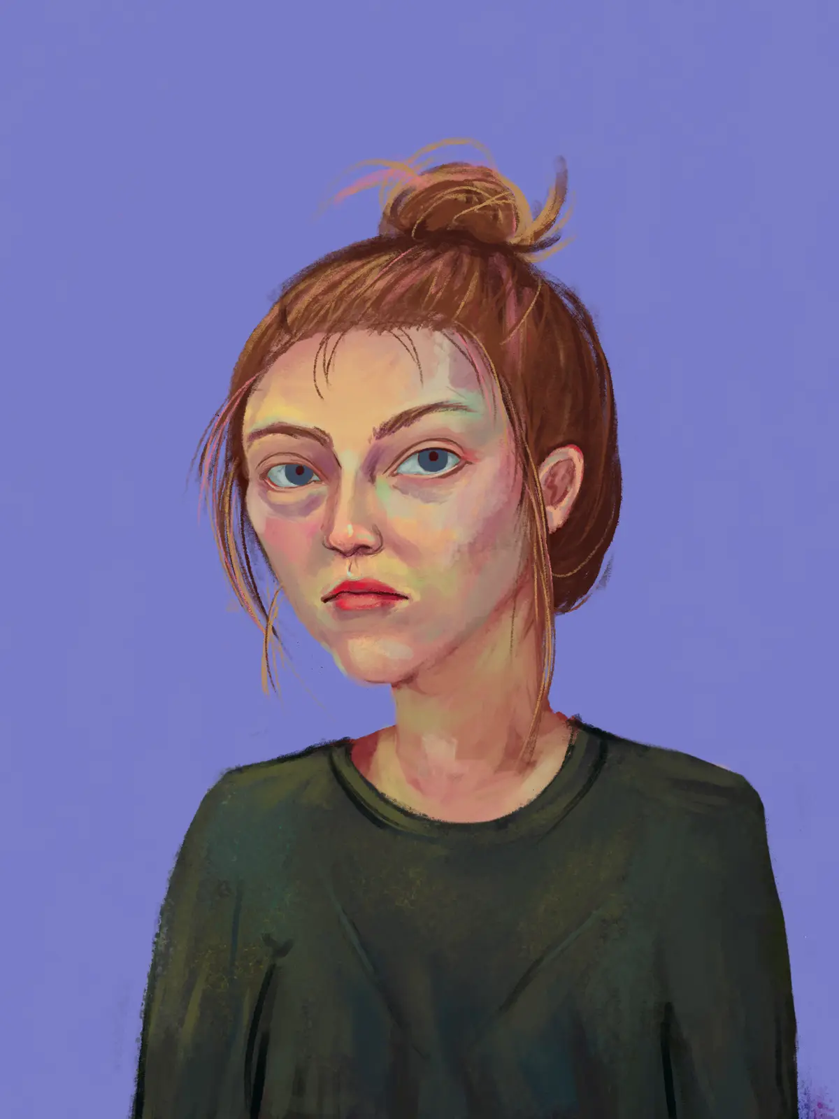 A digital painting of a young woman with brown hair in a messy bun, wearing a dark green shirt, against a solid purple…