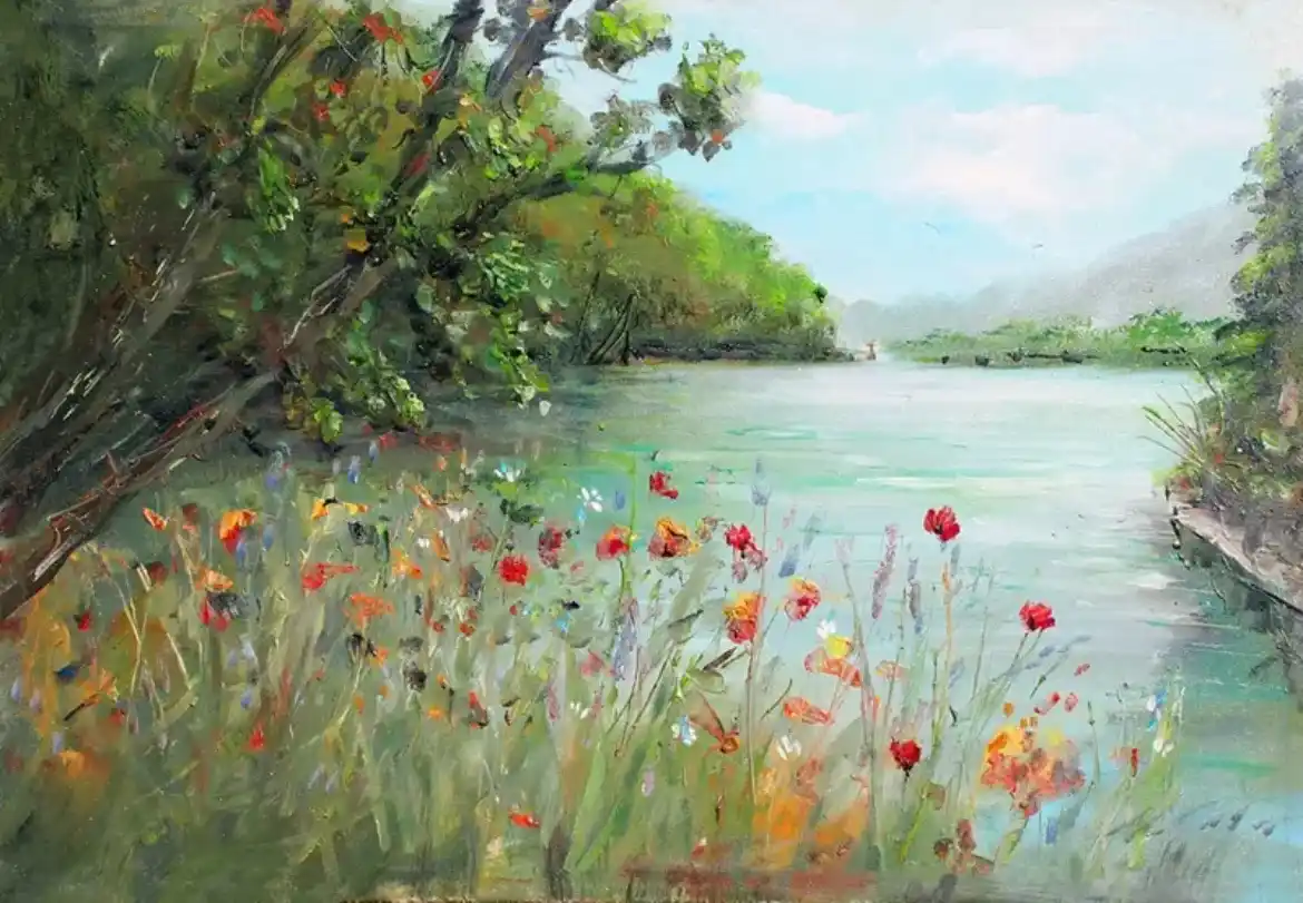 A serene, impressionistic painting depicts a tranquil river flanked by lush greenery and vibrant wildflowers in the…