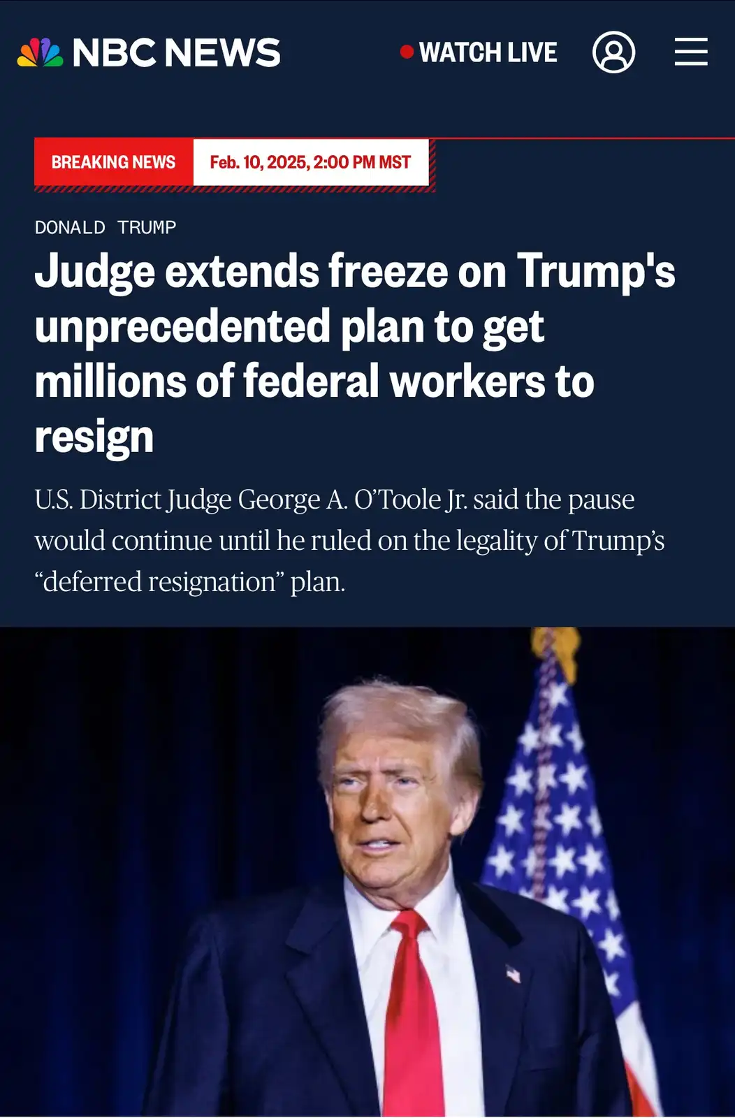 An NBC News breaking news screenshot from Feb. 10, 2025, shows a headline about a judge freezing Donald Trump's plan to get…
