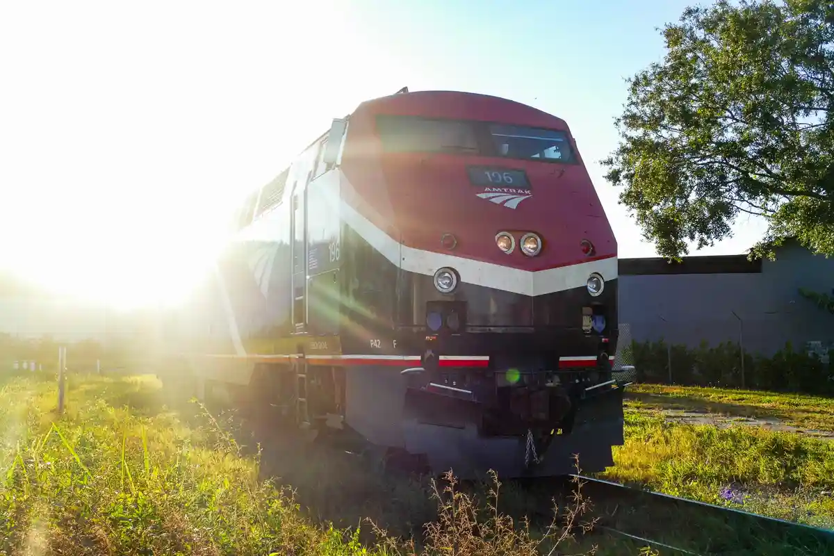 A red, white, and black Amtrak locomotive, numbered 196, is pictured head-on on a grassy track with bright sunlight flaring…