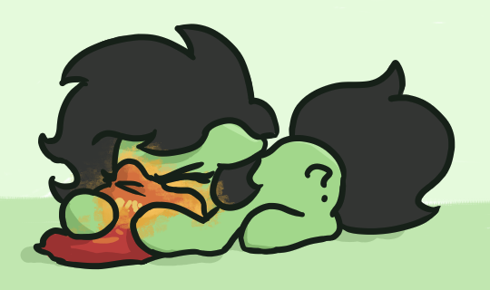 A cartoon character with black hair is lying on their side, visibly distressed with a red, fiery aura around their body and…