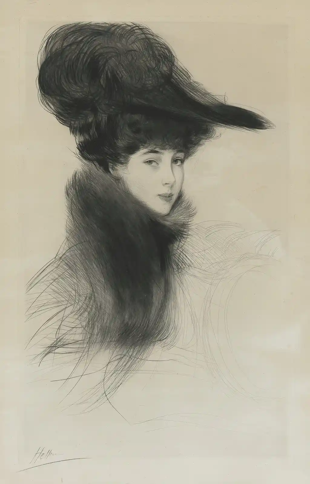 A vintage black-and-white sketch of a woman in profile wearing an enormous, elaborate hat with a long brim and a voluminous…