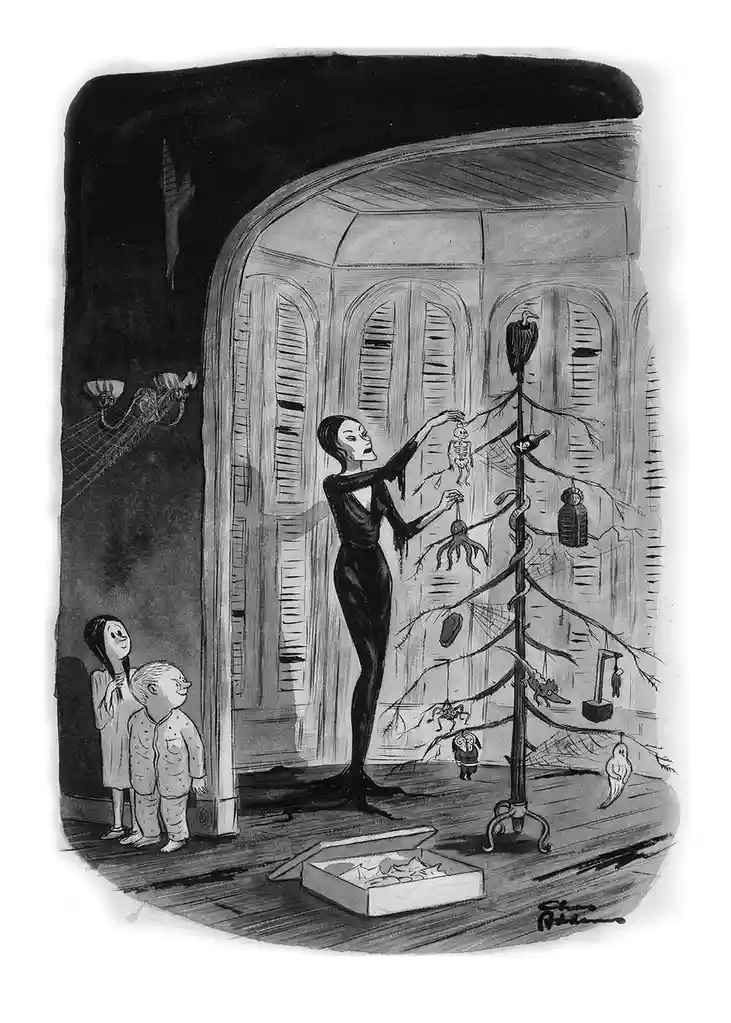 A black-and-white cartoon depicts a tall, slender woman in a black dress decorating a bare, leafless tree with grotesque…