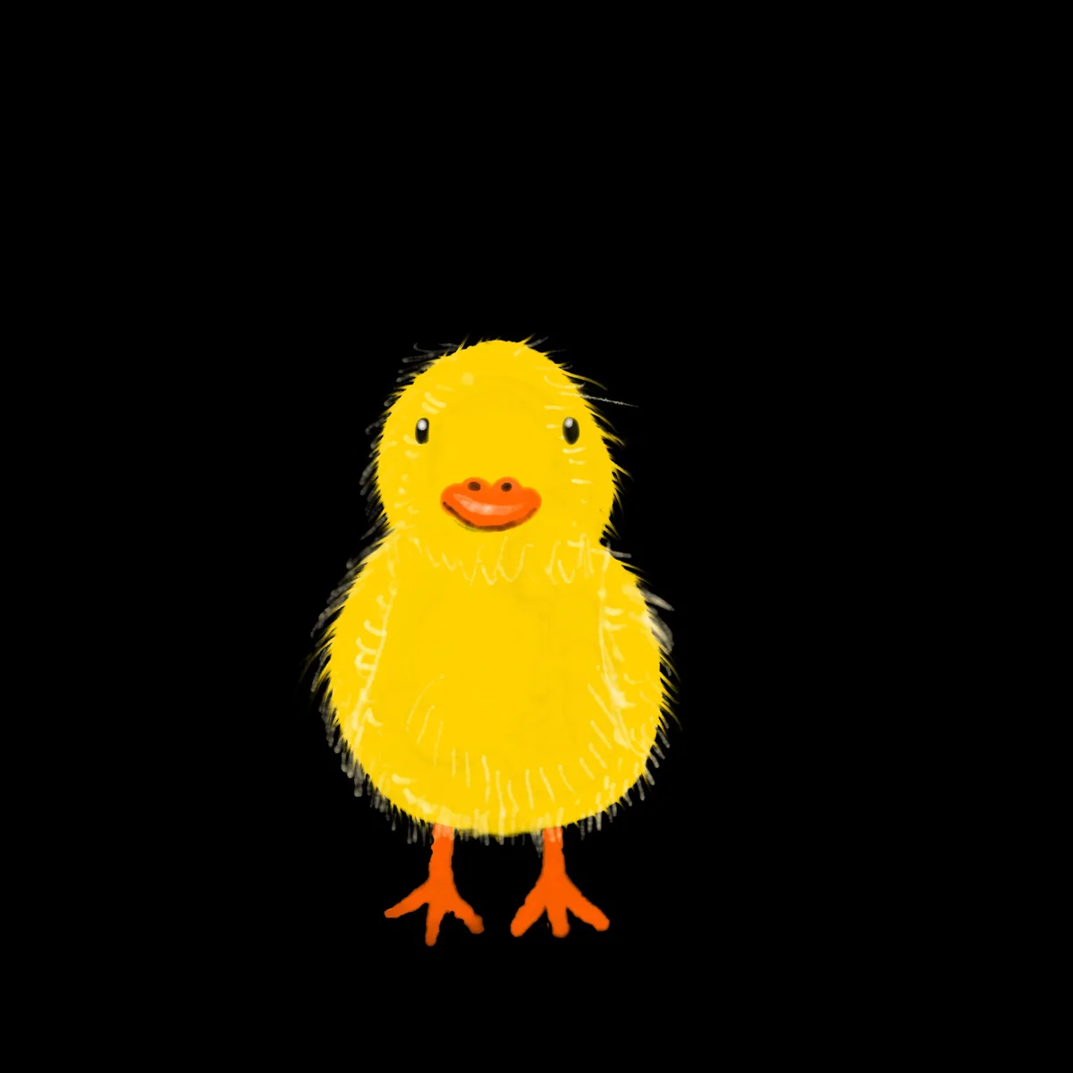 A cartoon illustration of a fluffy yellow chick with an orange beak and feet, standing against a solid black background. The…