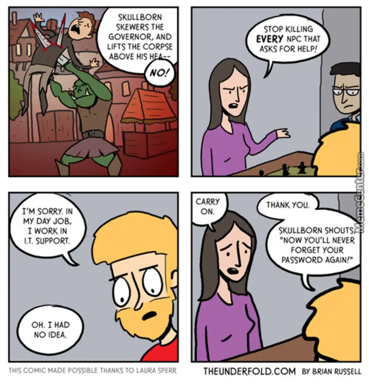 A four-panel comic strip shows a fantasy character killing a governor, then a woman scolding him to stop killing NPCs. The…