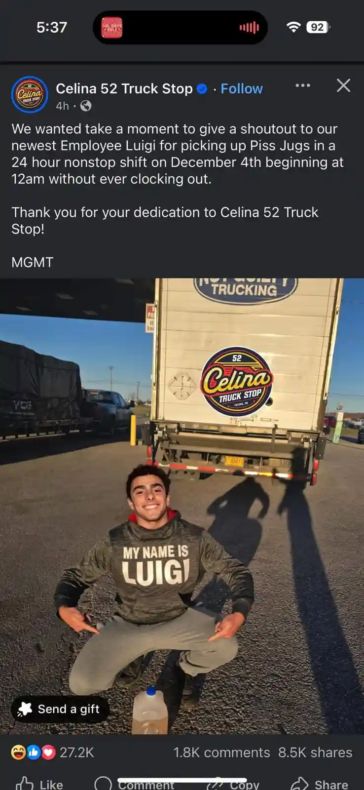A young man named Luigi, wearing a sweatshirt that says 'MY NAME IS LUIGI', is kneeling in front of a truck with the 'Celina…