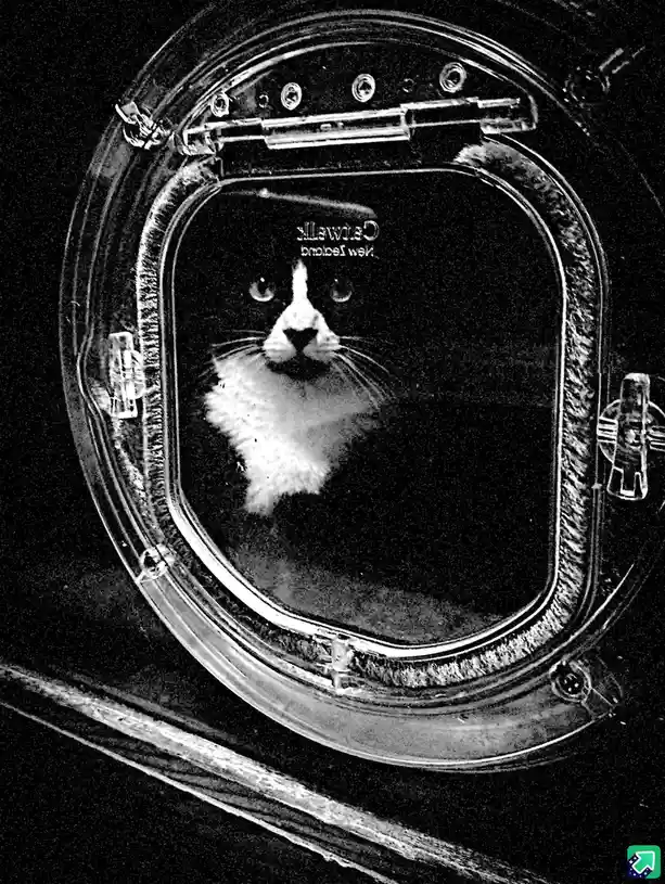 A black and white photo shows a black-and-white cat looking out from inside a circular, porthole-style cat flap. The cat has…