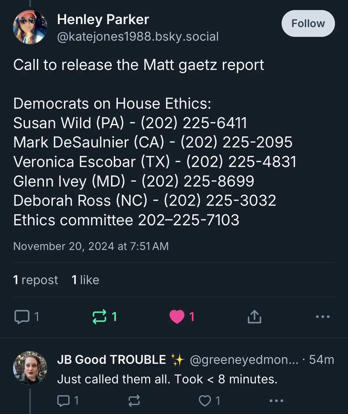 A screenshot of a social media post listing phone numbers for several democrats on the House Ethics committee, with a…