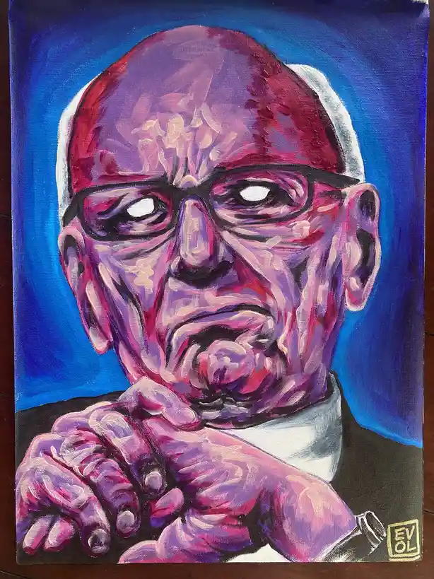 A stylized, painterly portrait depicts an elderly man with a bald head, wearing glasses, and showing a distressed or angry…