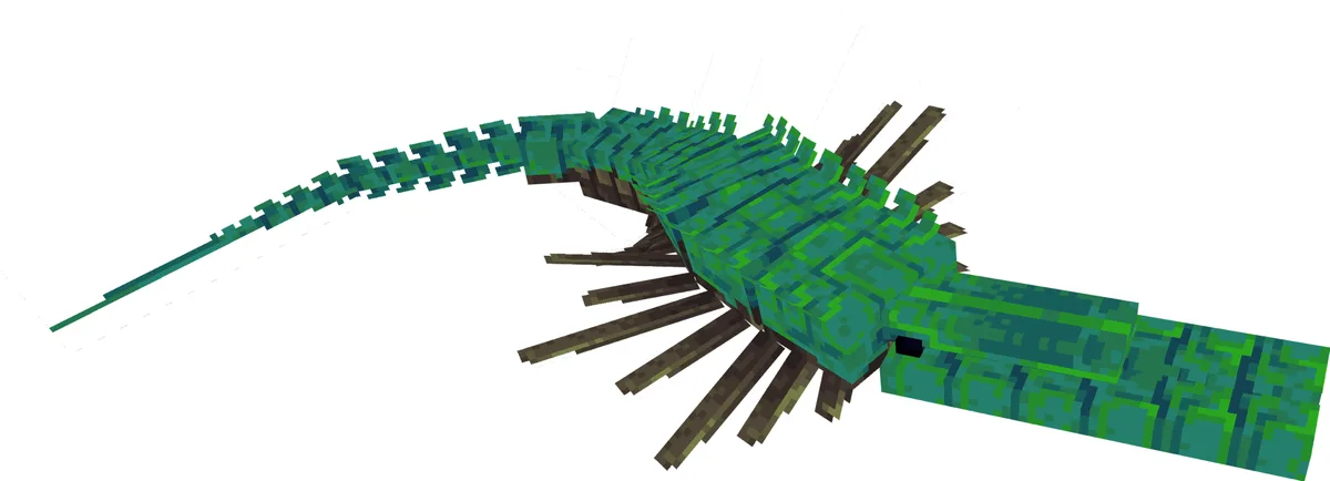 A pixelated, blocky green dragon made of Minecraft-style blocks with wooden spikes, set against a black background. The…