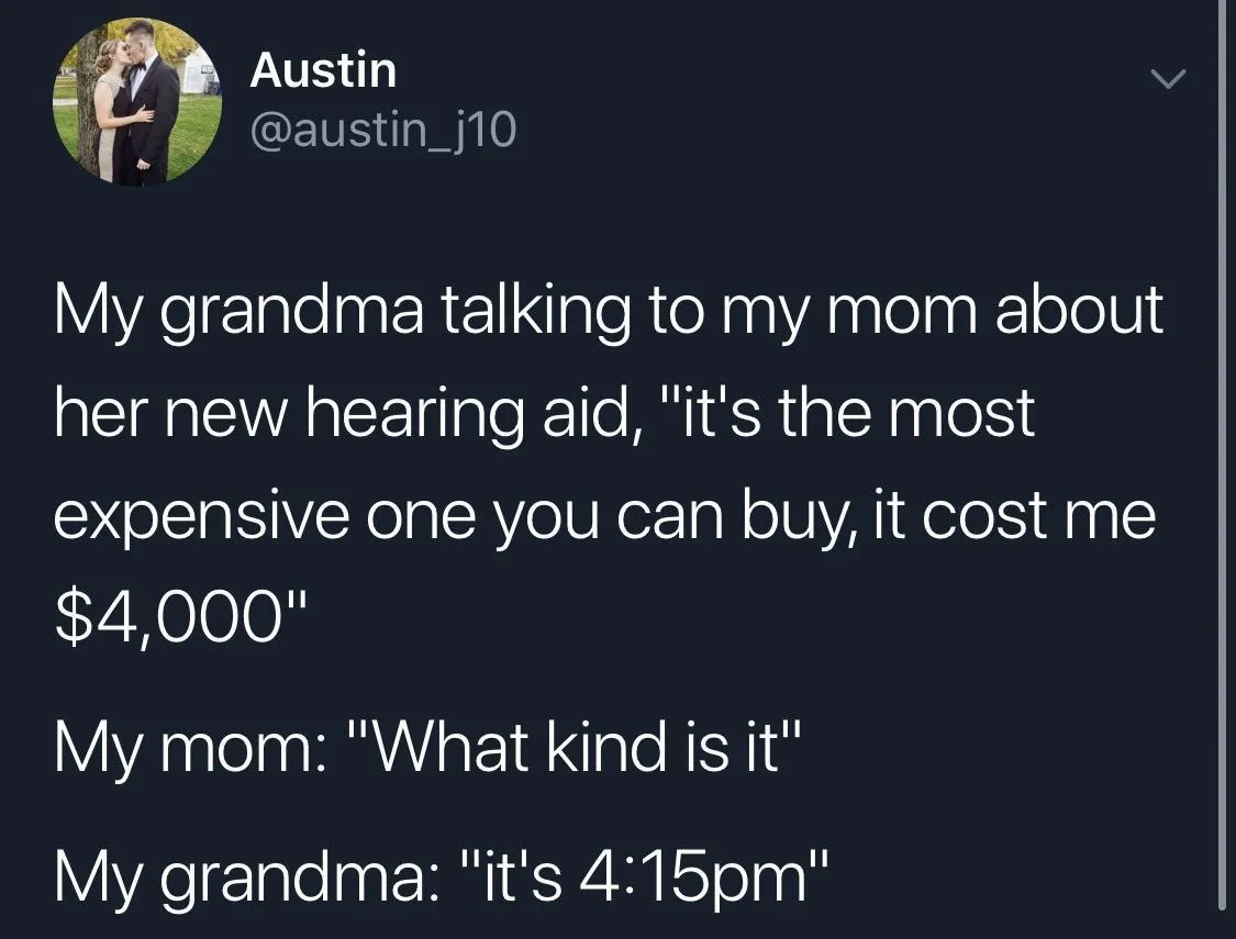 A screenshot of a tweet by user Austin (@austin_j10) showing a humorous anecdote where a grandma, after boasting about her…