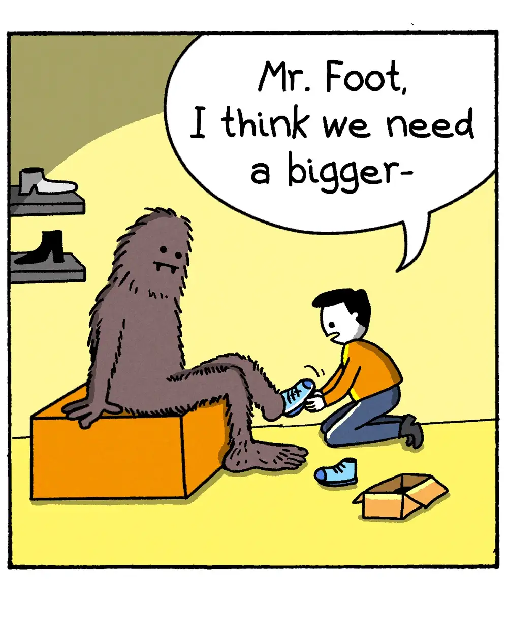 A cartoon depicts a small human kneeling to fit a tiny blue shoe onto the foot of a large, furry Bigfoot-like creature…