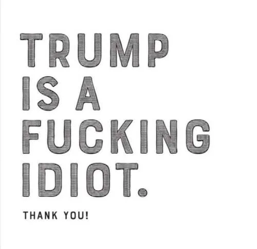 A white background image with bold, black, horizontally striped text that reads 'TRUMP IS A FUCKING IDIOT.' followed by…
