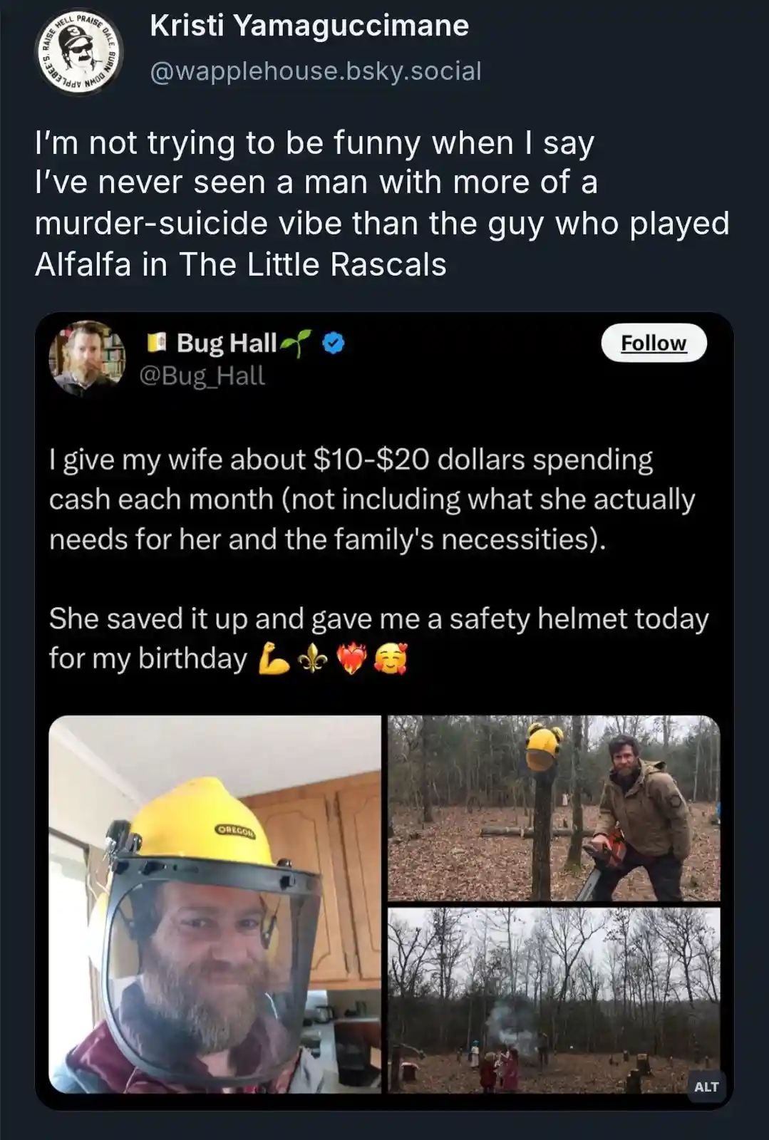 A man with a beard is shown in three photos: one wearing a yellow Oregon-branded chainsaw helmet indoors, another holding a…