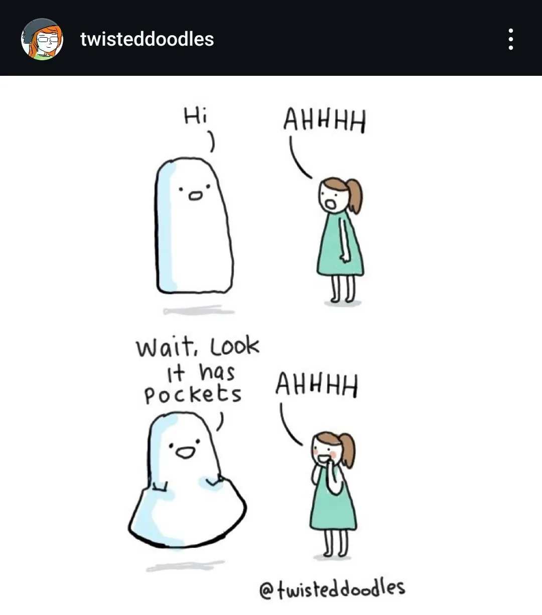 A two-panel comic shows a girl reacting with terror to a ghost. In the first panel, the ghost says 'Hi' and the girl screams…