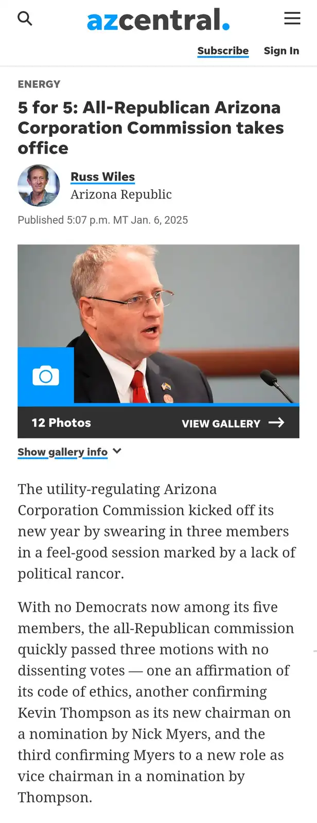 A screenshot of an AZ Central news article about the Arizona Corporation Commission, showing a photo of a man in a suit and…