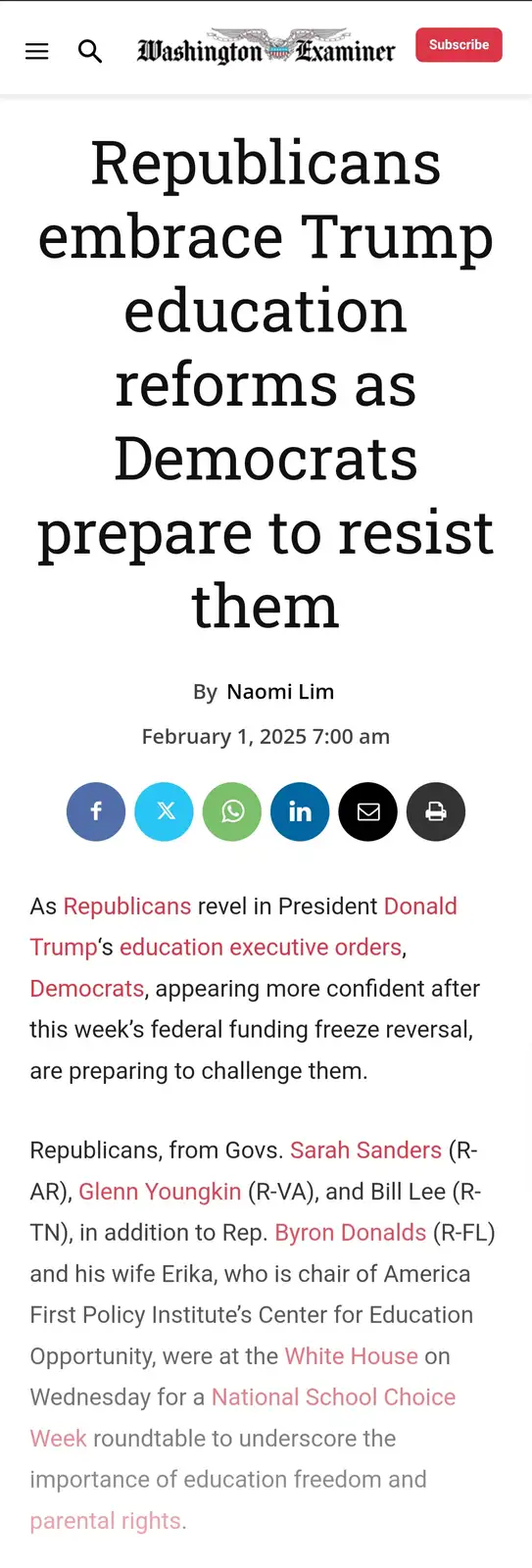 A screenshot of a Washington Examiner article dated February 1, 2025, with the headline 'Republicans embrace Trump education…